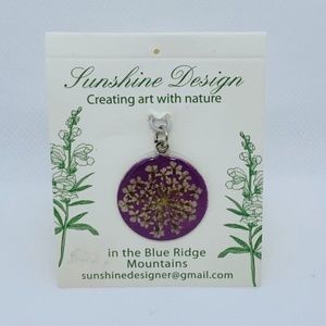 Sunshine Design purple pressed flower pendant, new